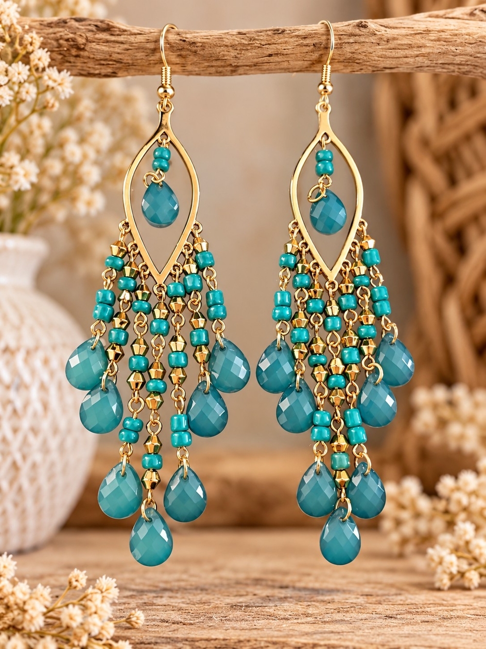 Boho Turquoise Teal Chandelier Earrings Gold Tone Beaded Dangle Statement